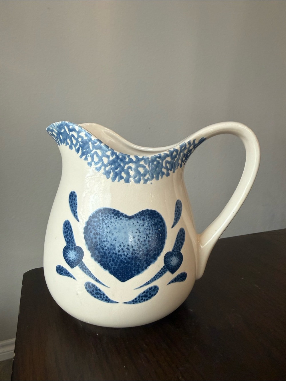 Vintage Blue Heart Spongeware Stoneware Creamer - Country Cottage Pitcher